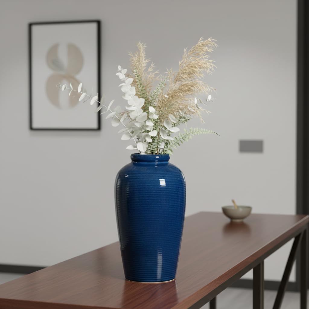 Wancetang Blue Ceramic Vases Home Decor - 11 Inch Tall Farmhouse Vases for Flowers, Modern Textured Vase for Centerpieces, Living Room, Kitchen Island Decor, Fireplace, Entryway Decorations