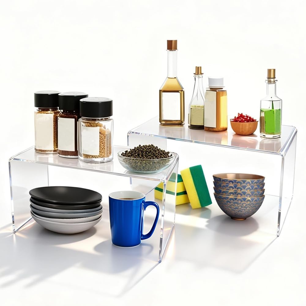 yaenoei 2 Pcs Extra Large Acrylic Display Risers, Clear Rectangular Shelf Stands 5mm Thick for Showcasing Collectibles and Decorative Displays (14*6*7.8 in)