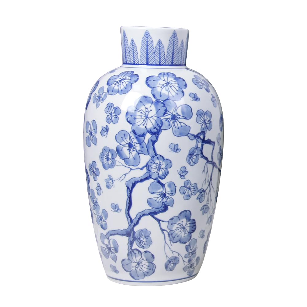 Andaliz Blue and White Ceramic Vase 13.2 Inch, Hand-Painted Floral Plum Blossom Design, Large Floor Vase for Living Room, Entryway Home Décor