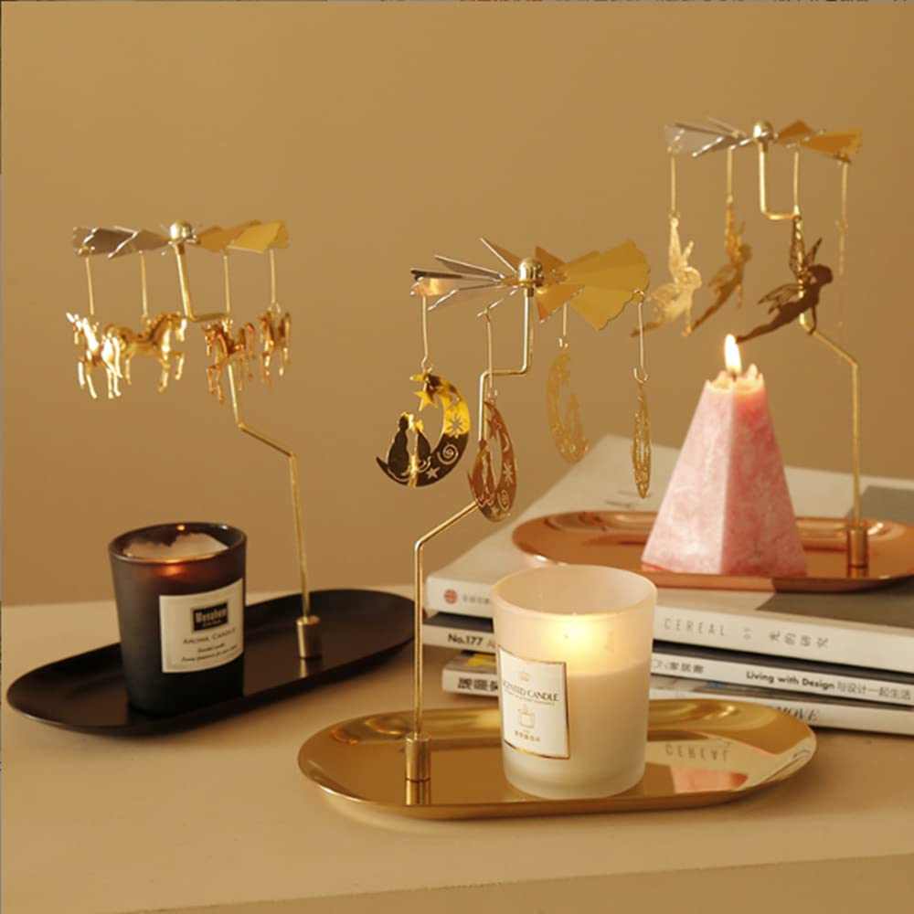 Spinning Candle Holder with Tray, Golden Candle Spinner,Rotating Metal Tea Light Candle Holder for Table Centerpiece Valentine's Day, Xmas Party Decor or Gift (Elf)