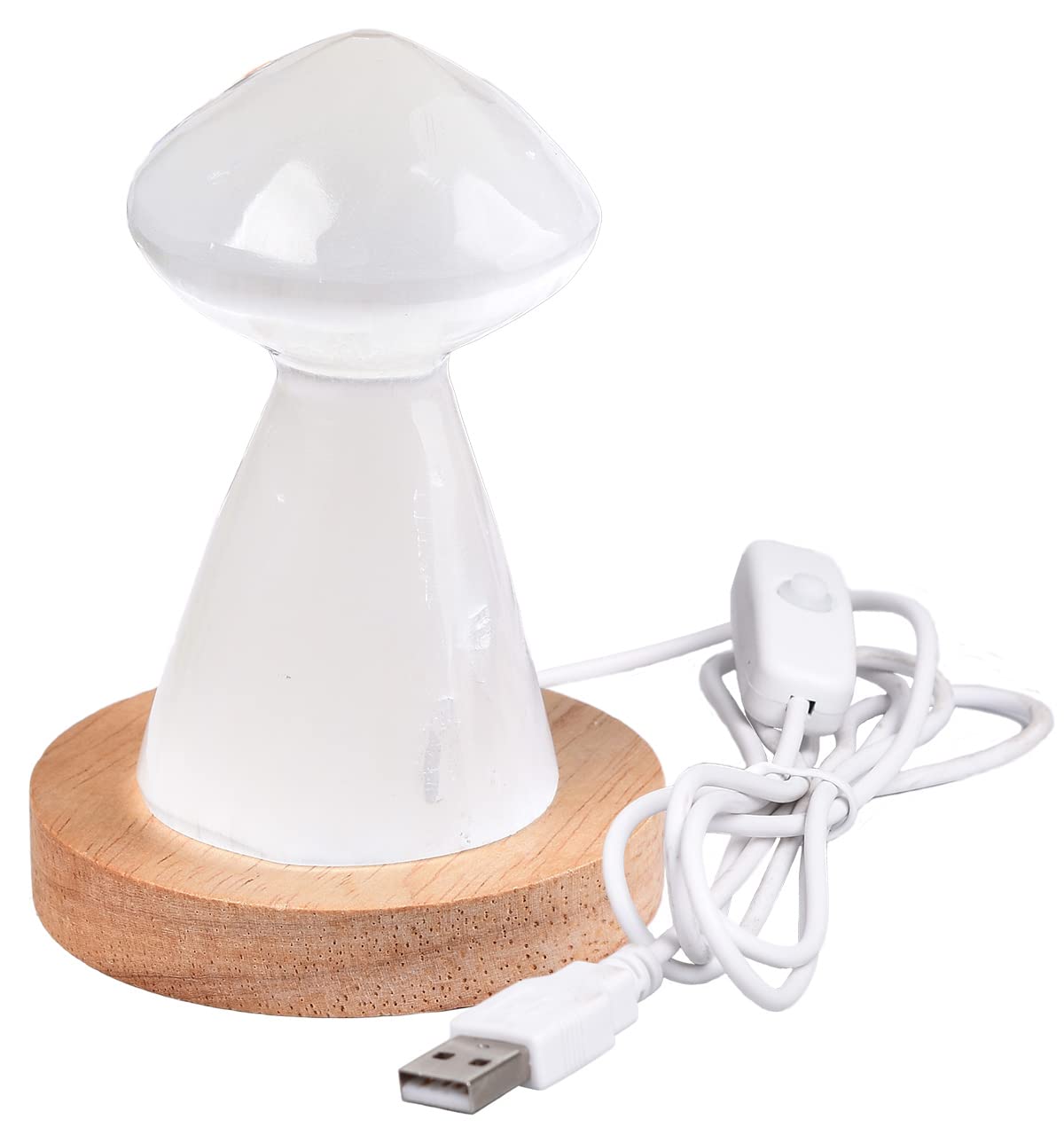 JIC Gem USB Selenite Lamp White Mushroom Small Selenite Crystal Lamp 3.1 Inch with Wooden Light Stand Base
