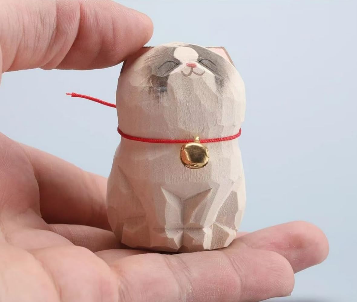 INF-STAR Handcrafted Wooden Ragdoll Cat Figurine, 2.2" Hand-Carved Cat Statue, Mini Wooden Cat Sculpture, Decorative Home Décor Accent, Collectible Display Figurine
