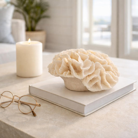 Polyresin Coral Figurine Sculpture – Decorative Accent for Shelf or Table, Coastal-Inspired Design for Living Room or Bedroom – Accent Piece for Any Room, Elegant Home Decor – 6x5x4, Ivory Tan