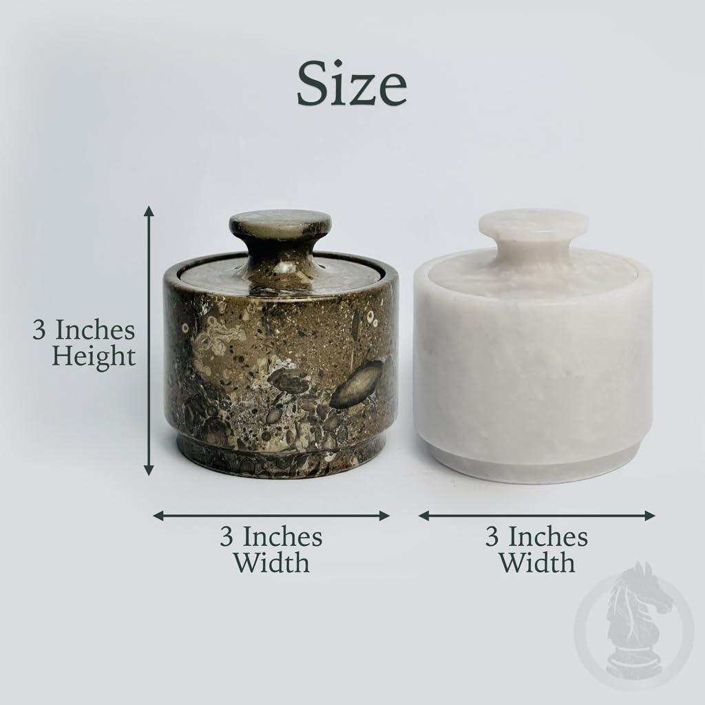 Handcrafted Marble Salt Cellar Set of 2 with Lids | Natural Stone Bowls for Sea Salt, Spices & Herbs | Elegant Kitchen & Dining Room Decor | Multipurpose Pinch Pot with Felt Base (White & Oceanic)