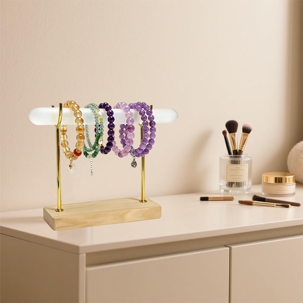 Selenite Bracelet Holder Display Stand, Detachable Selenite Crystal Healing Goth Bracelet Display Stand with Wooden Base, Jewelry Wrap Organizer Holder for Necklace Watch Bangles Charging Cleansing