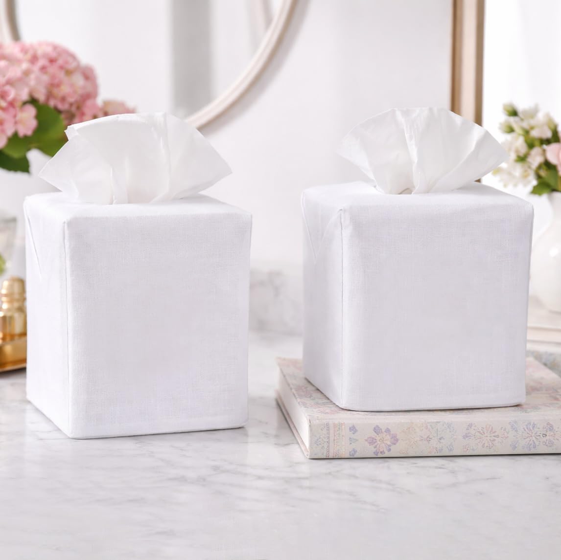 Jacaranda Living Square Tissue Box Cover, Linen/Cotton Fabric Tissue Holder, Decorative Cloth Tissue Cube Cover Tissue Box Cover, White Linen, Plain