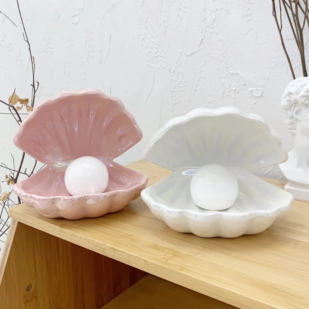 Koolouispoper Ins Japanese Style Ceramic Shell Pearl Night Light Streamer Mermaid Fairy Shell Night Lamp for Bedside Home Decoration Xmas Gift (White)