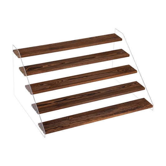 PACKGILO 1 PACK Extra Large 5 Steps Display Shelf Stand 24*17*12 inches Clear Acrylic Riser Shelves Wood Acrylic Storage for Figure Collection Cupcake Desserts Holder Cologne Organizer for Men (Brown)
