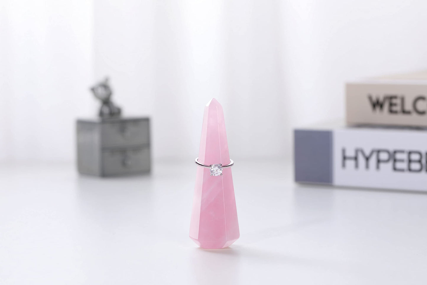 Jovivi Natural Rose Quartz Crystal Stone Jewelry Display Holder - Hexagon Prism Shaped Decorative Wedding Ring Stand