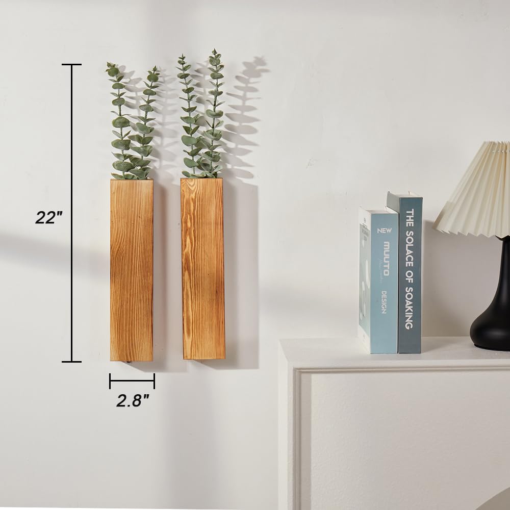 Mokof 2-Pack Wood Wall Planters with 4 Removable Faux Eucalyptus Stems - Modern Farmhouse Wall Decor for Living Room, Bedroom, Bathroom - Wooden Wall Vases and Fake Eucalyptus for Home Office Decor