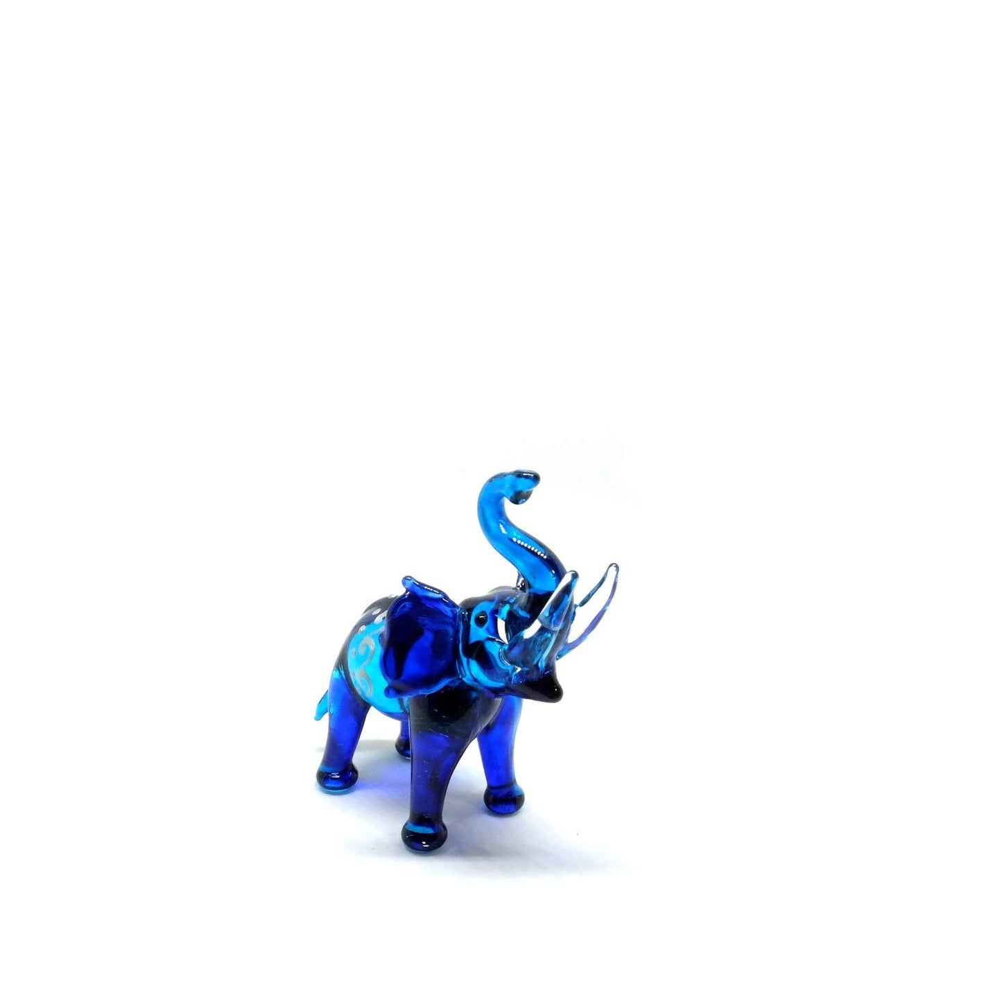 Handmade Mini 2.25" Blue Elephant Figures with Thai Art Blown Glass Art, Collectible Figurines Gift Ideas, Miniature Wild Animals, Tiny Ornament Cool Stuff Decor No.8