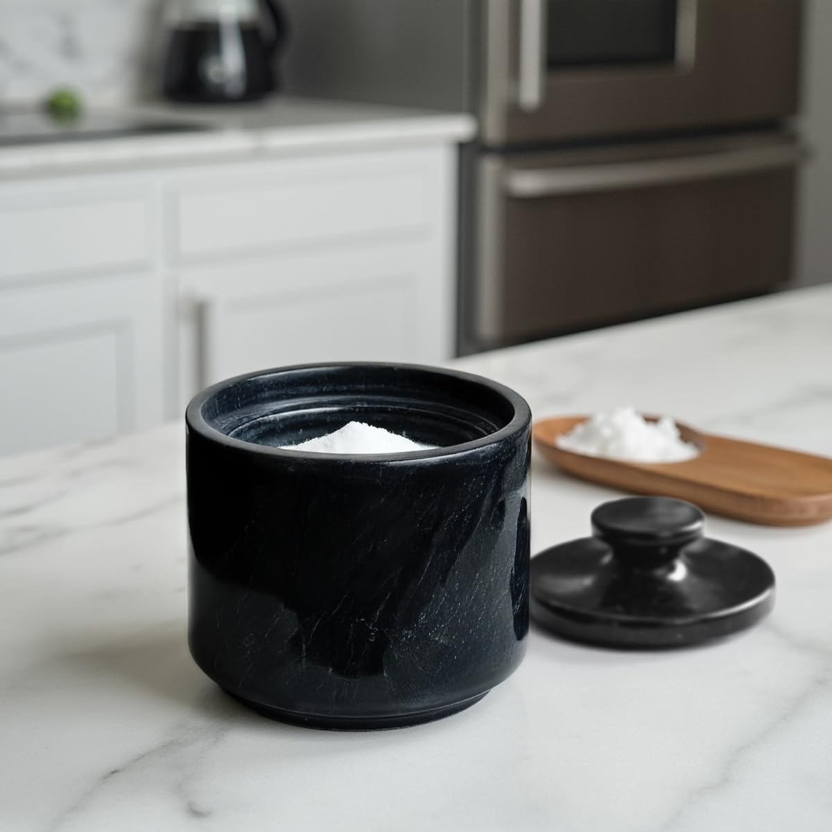 Marmor Krafts Handcrafted 3-Inch Black Single Marble Salt Cellar with Lid | Elegant Kitchen Decor, Salt Keeper Bowl, Spice Jar | Perfect for Flaky Sea Salt & Himalayan Pink Salt
