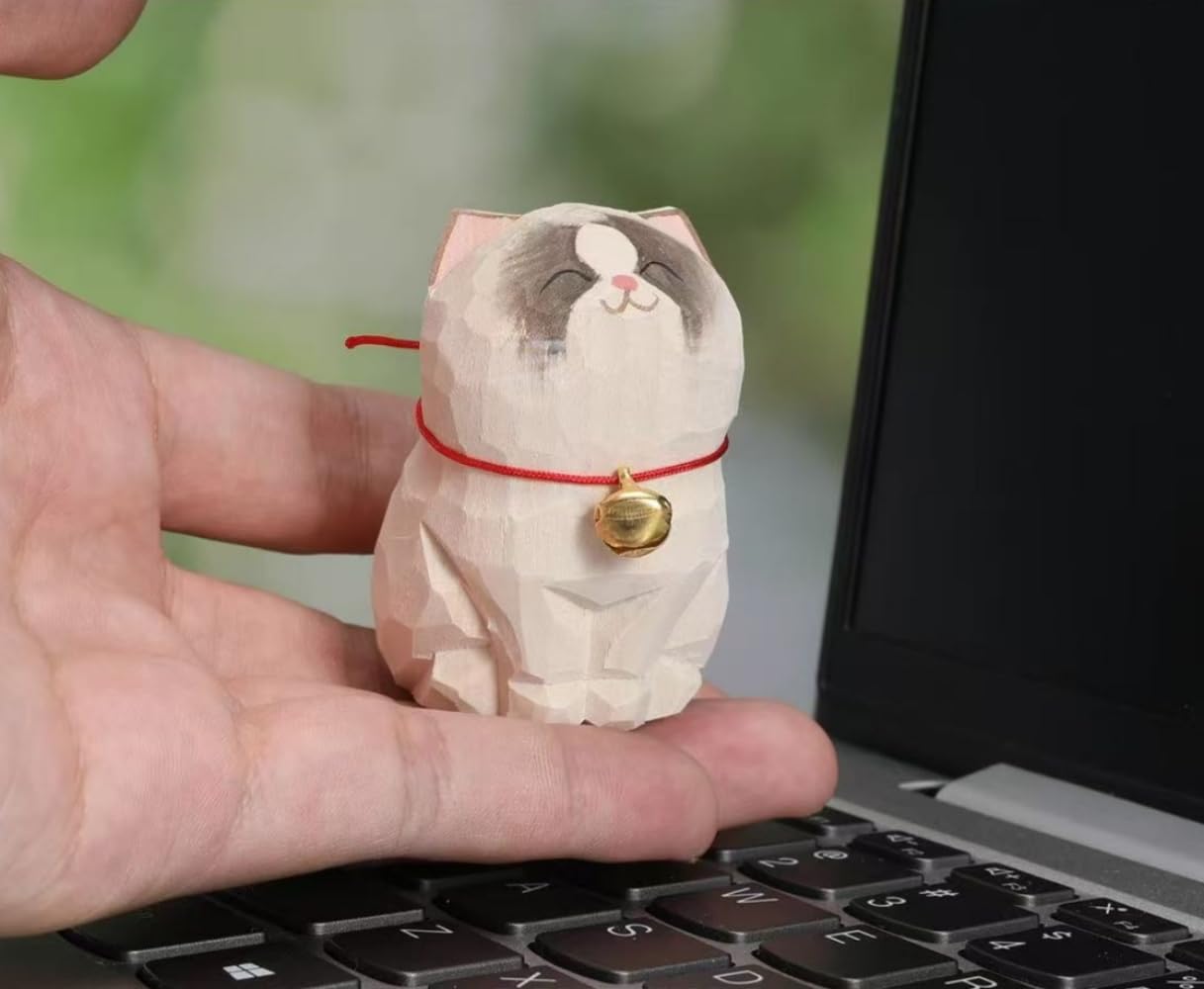 INF-STAR Handcrafted Wooden Ragdoll Cat Figurine, 2.2" Hand-Carved Cat Statue, Mini Wooden Cat Sculpture, Decorative Home Décor Accent, Collectible Display Figurine