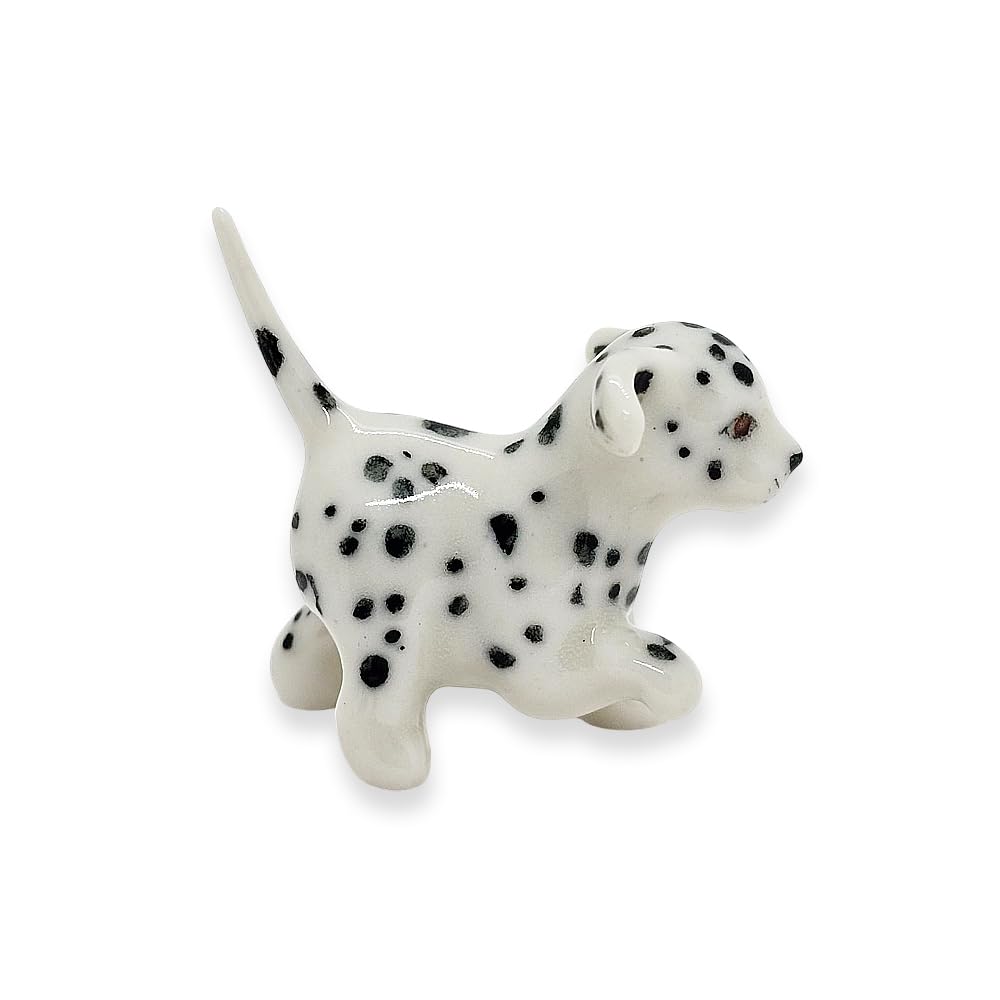 WitnyStore Tiny 1¼" White Black Spotted Walking Dalmatian Pup Dog Figurine - Miniature Hand Made Painted Ceramic Dogs Puppy Canine Animals Cute Porcelain Decorative Collectible Figures Décor Gifts