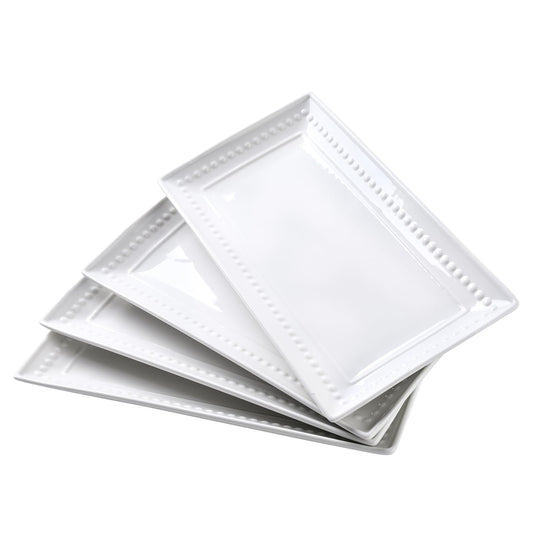 Feenmai 14 inch Ceramic Serving Platter - Rectangular Serving Trays Set of 4, Large Embossed Plates, Porcelain White Platters for Steak, Appetizer, Dessert, Tacos, Housewarming, Oven Dishwasher Safe