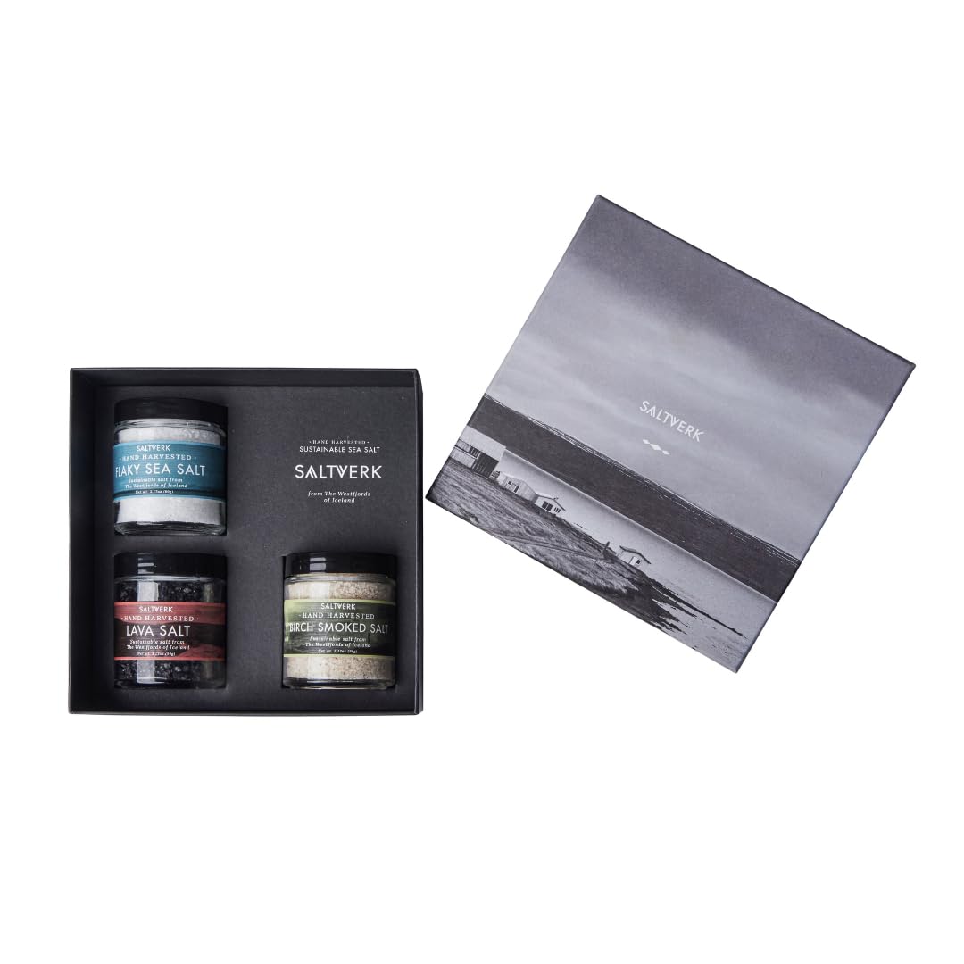 Saltverk Salt Luxury Gift Set - Includes 3 Jars - Flaky, Lava, and Birch Smoked Sea Salts- Gourmet, Icelandic, Hand Harvested and Sustainably Made - 9.51 Oz Total