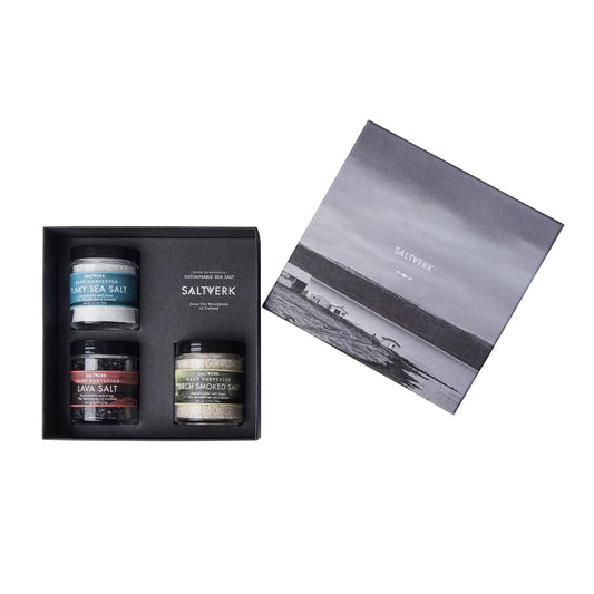 Saltverk Salt Luxury Gift Set - Includes 3 Jars - Flaky, Lava, and Birch Smoked Sea Salts- Gourmet, Icelandic, Hand Harvested and Sustainably Made - 9.51 Oz Total