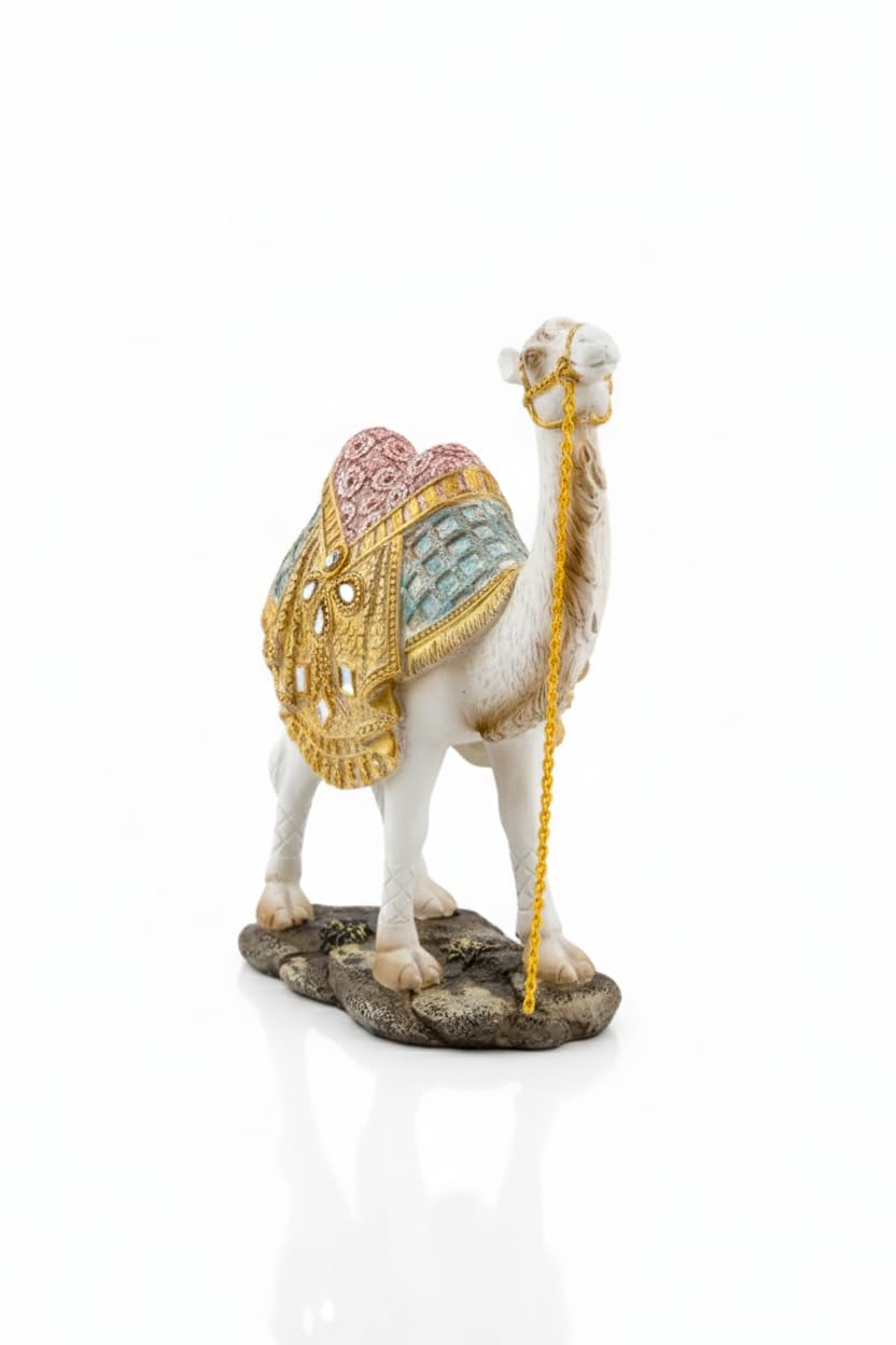 Ornate White Camel Figurine — Decorative Resin Camel Statue with Gold Embellished Saddle & Chain — Luxury Home Décor Accent for Mantel, Shelf, Tabletop (7 × 2.5 × 7.75 in, 1 lb)