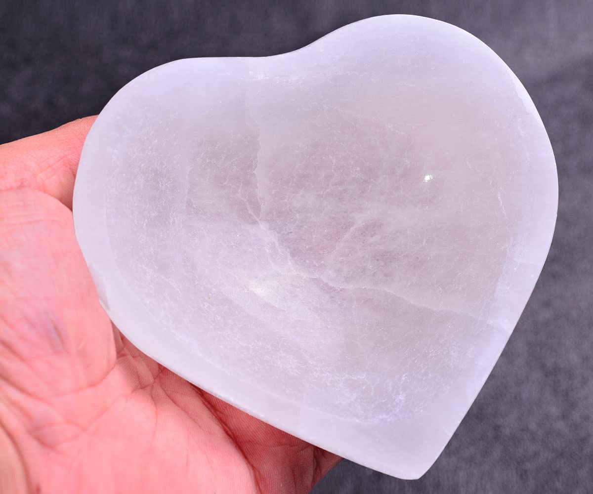 JIC Gem 5.5" Hand Carved Selenite Bowl Heart Shape Moroccan Selenite Crystals for Cleansing, Charging, Decoration or Gift