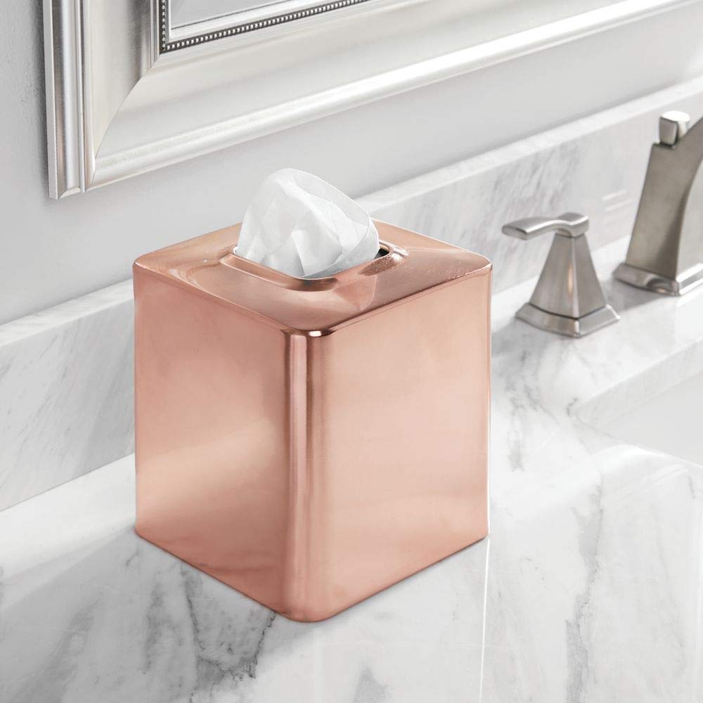 mDesign Minimalistic Rose Gold Square Steel Tissue Box Cover for Bathroom - Modern Holder/Dispenser for Paper Facial Tissues - Avia Collection