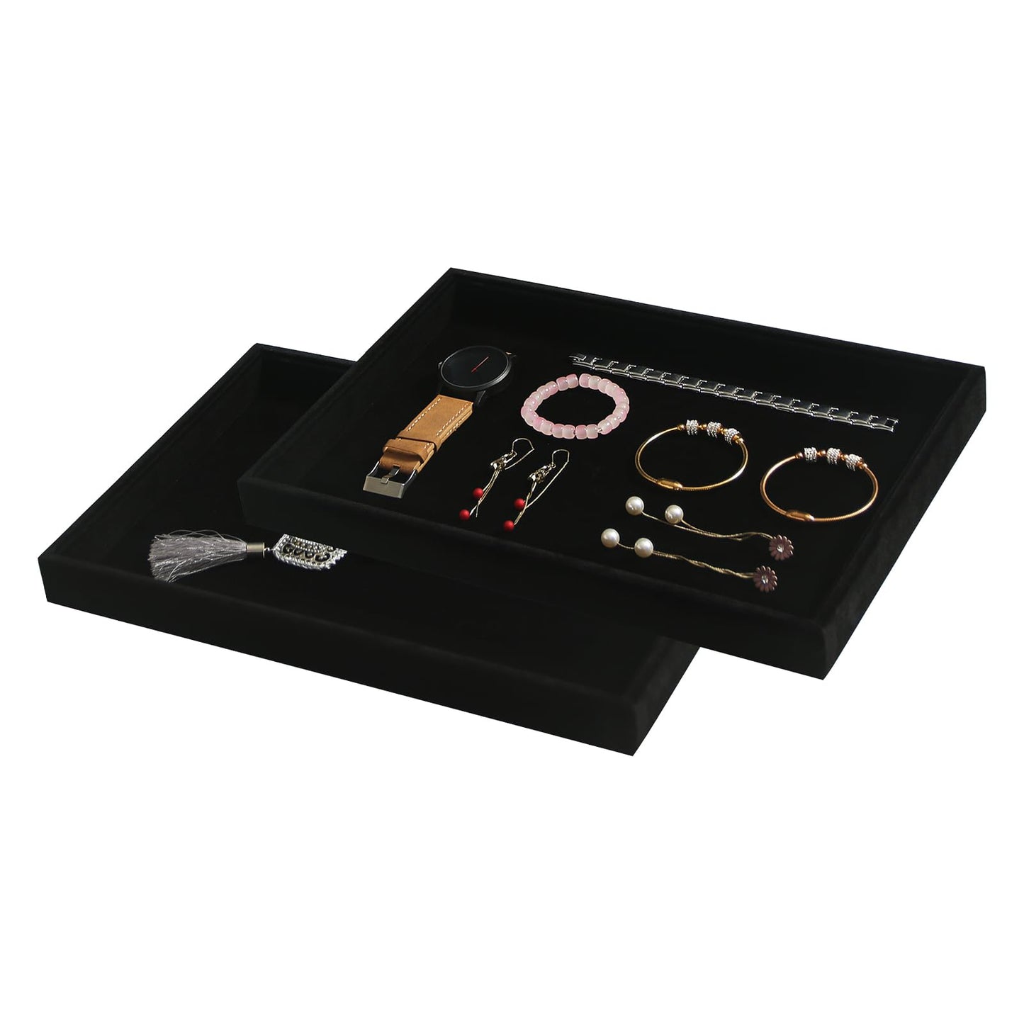 Coward 2Pcs/Set Black Velvet Stackable Jewerlry Organizer Tray Velvet Blank Tray Holder for Beads Bracelets Necklaces Earrings Store Selling or Home Show