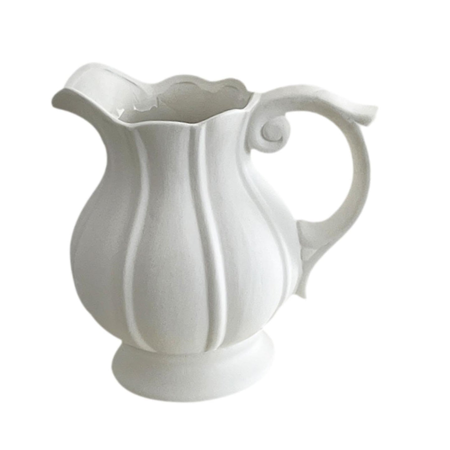 White Ceramic Pitcher vase with Handle – a Small Farmhouse Table Centerpiece for Fresh Flowers on Coffee Table, Desk, or Dining Room,About 7 and a Half inches Tall and Wide