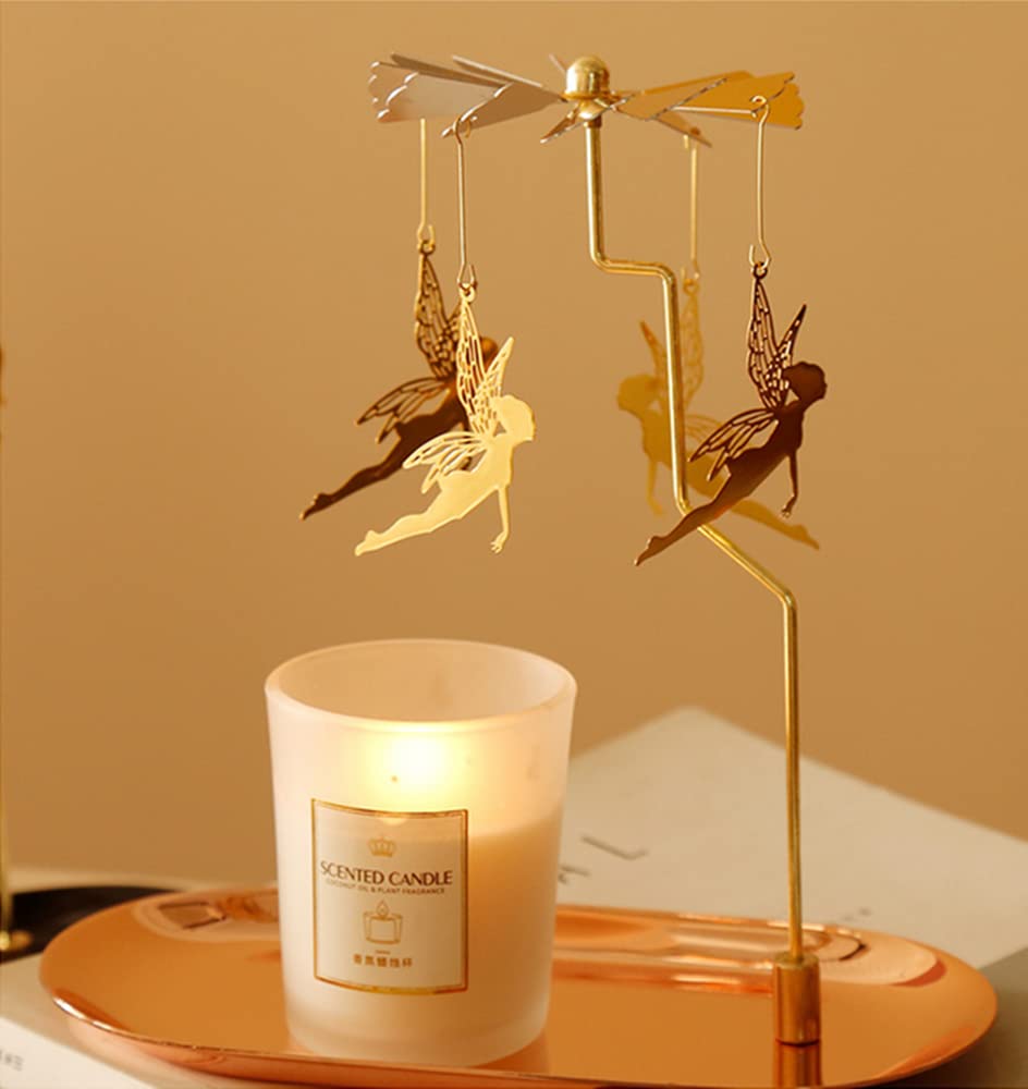 Spinning Candle Holder with Tray, Golden Candle Spinner,Rotating Metal Tea Light Candle Holder for Table Centerpiece Valentine's Day, Xmas Party Decor or Gift (Elf)
