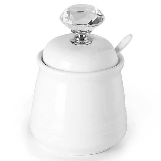 ONTUBE Ceramics Sugar Bowl with Crystal Lid and Spoon 12oz, Silver