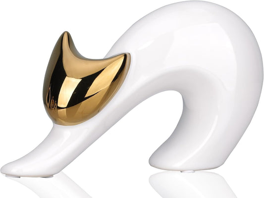 UANYEMON Abstract Stretching Cat Statue for Modern Home Decor, 4.75'' White and Gold Minimalist Cat Figurine for Table, Shelf, Desk, Entryway, Mantle Decor, Perfect for Animal & Pet Lovers