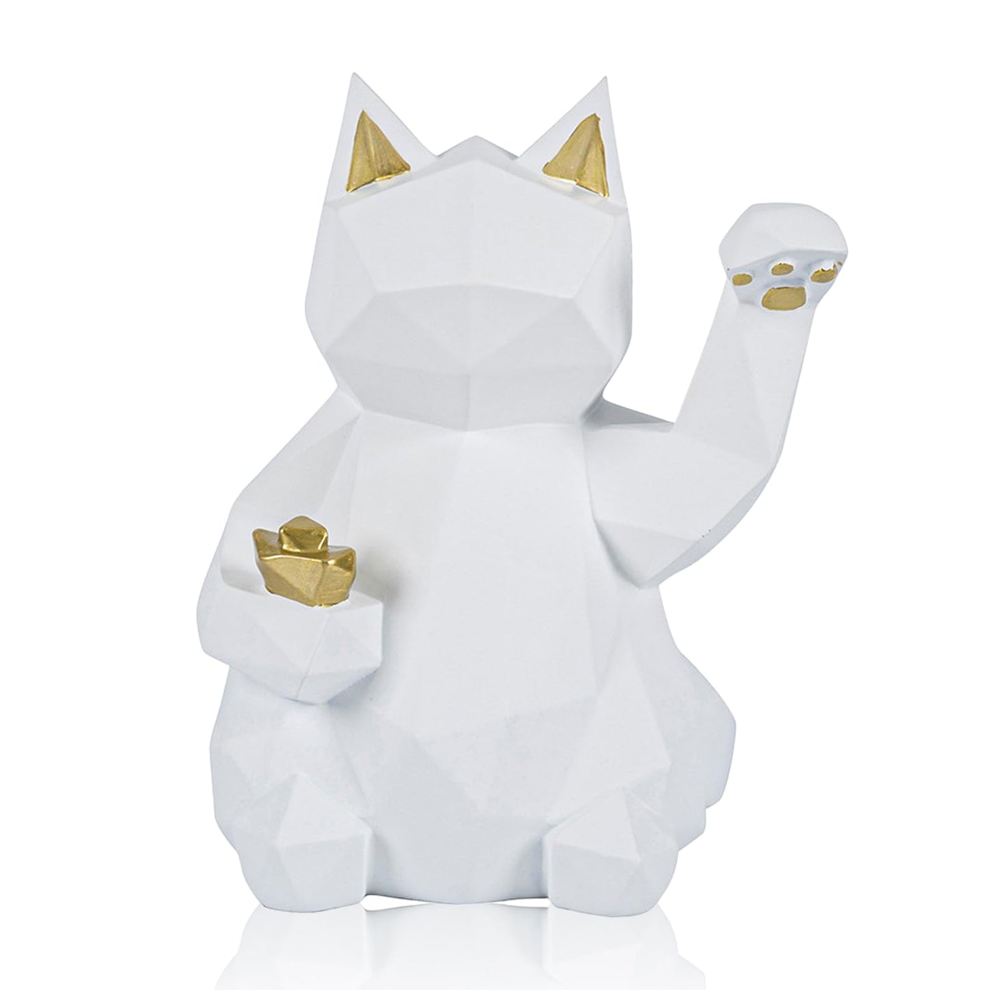 Milnnie Geometric Lucky Cat Figurine 4"x5"x6" – Resin Maneki Neko Feng Shui Decor, Modern Fortune Cat Sculpture for Living Room, Office, Desktop, Bar Cabinet (White)