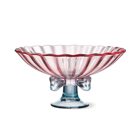 TUCHACA Glass Fruit Bowl. 9 inch Glass Pedestal Bowl. Elegant Bow Decoration Multicolor Salad Plate. Suitable for Fruit, Dessert, Candy, Snack & More. (Pink & Blue)