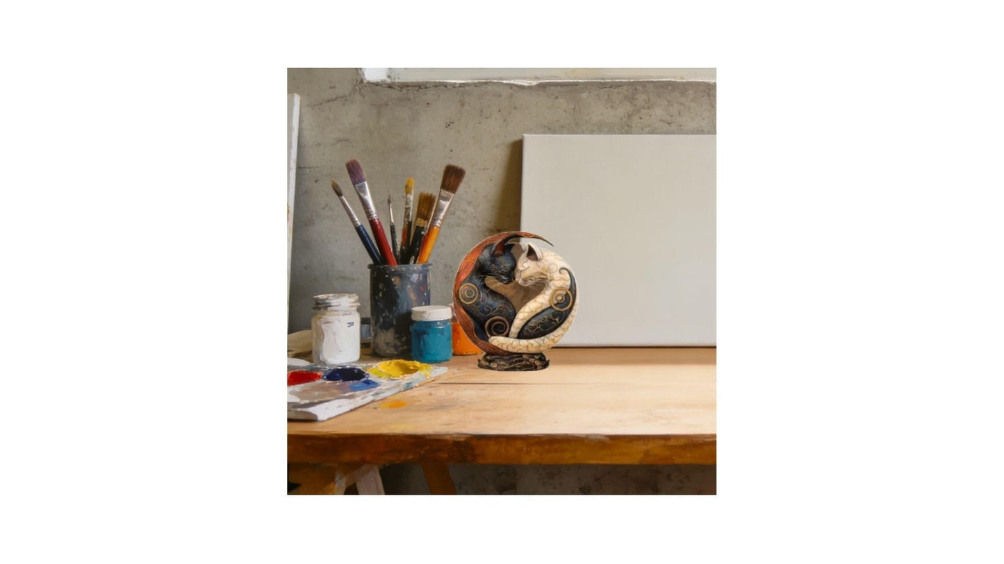 DMDMBSR Black and White Cat Yin Yang Art Desk Decor – 6" Resin Yin Yang Cats Statue, Cute Black & White Cat Figurine for Home Office Table, Bookshelf & Bedroom Decoration, Unique Cat Lover Gift