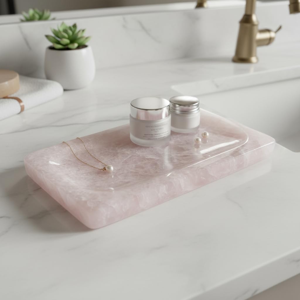 Lierlava Large Natural Rose Quartz Crystal Tray - 9.8" Pink Stone Jewelry Dish & Aesthetic Cosmetic Organizer - Luxury Decorative Catchall for Vanity, Bathroom, Nightstand Decor