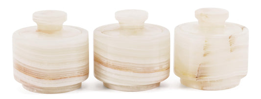 MARBLOUS KRAFTS 3" White Onyx Marble Salt Cellars with Lids, Flaky Salt Holder, Spice Container, Sugar Jar for Countertop, Set of 3 Kitchen Storage Bowls, Perfect Mother’s Day Gift for Her