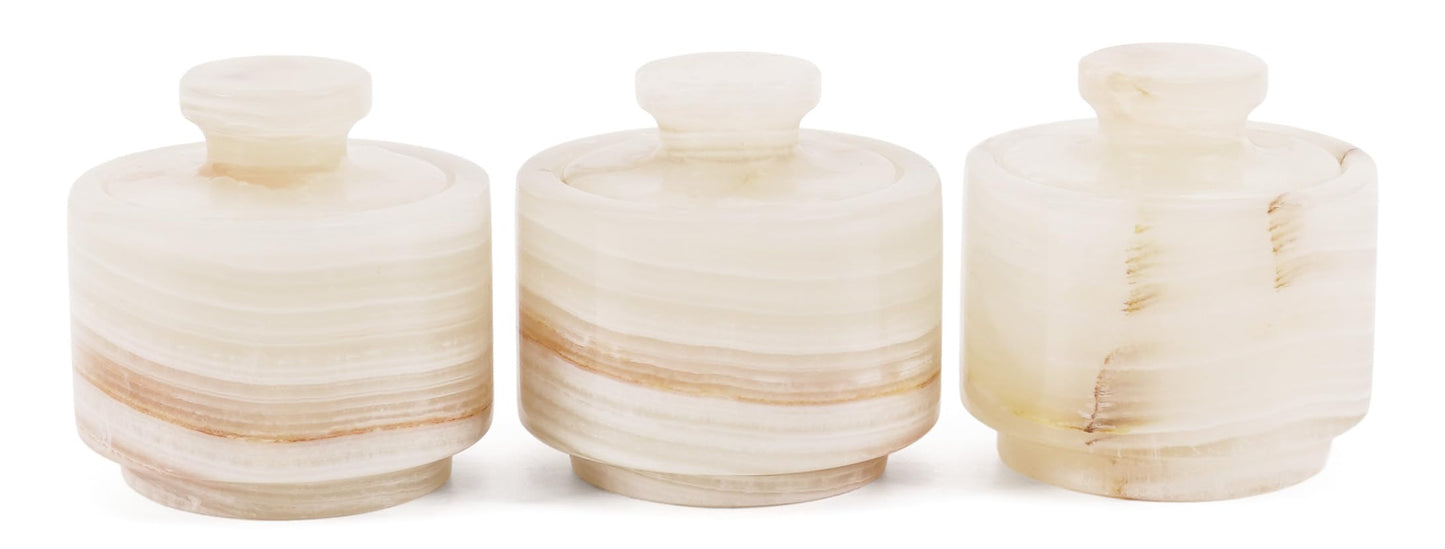 MARBLOUS KRAFTS 3" White Onyx Marble Salt Cellars with Lids, Flaky Salt Holder, Spice Container, Sugar Jar for Countertop, Set of 3 Kitchen Storage Bowls, Perfect Mother’s Day Gift for Her