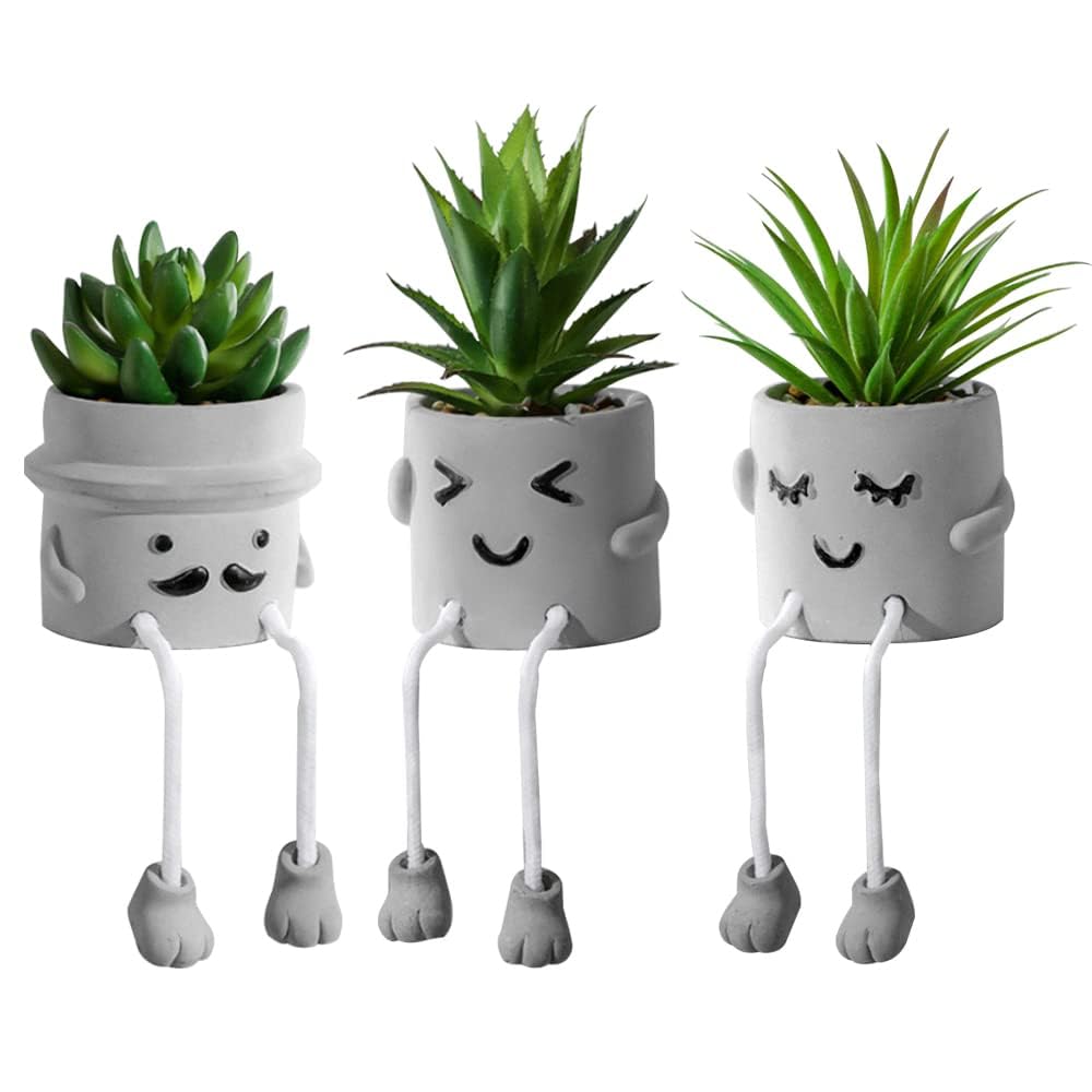 Zerzsy 5pcs Cute Artifical Plants in Cement Pots, Small Fake Plants for Office Decorations