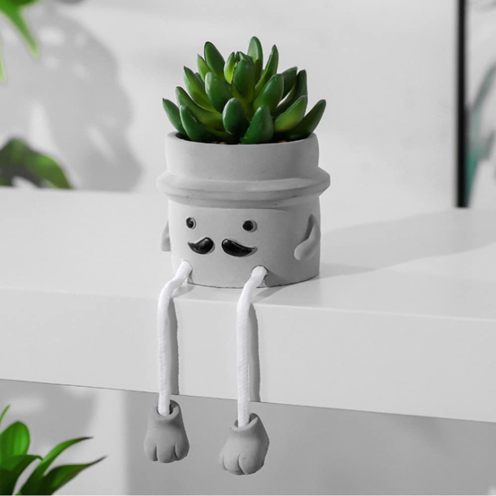 Zerzsy 3pcs Creative Artificial Succulents with Gray Flower Pots Bundle with 2PCS Cute Artificial Succulent Plants with Creative Human Shaped Pots