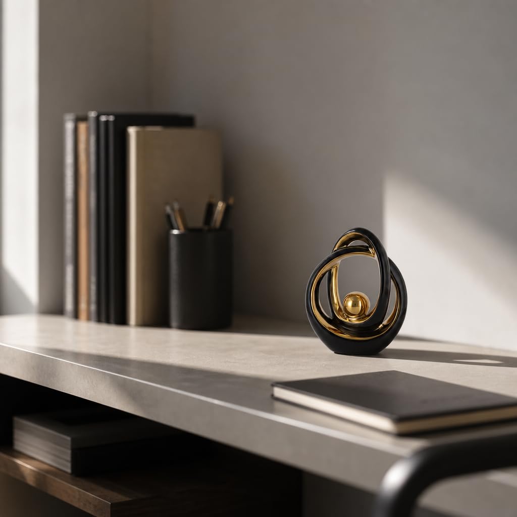 DOVDOV Black and Gold Ceramic Abstract Sculpture, Modern Tabletop Statue for Living Room Decor, Decorative Accent for Coffee Table, TV Stand, Mantel, Entryway Console