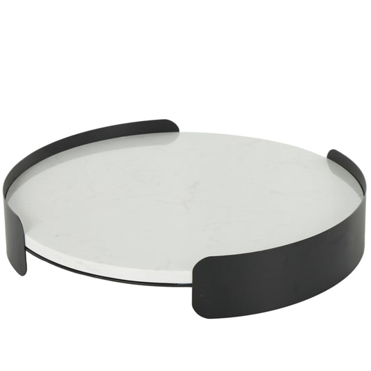 Deco 79 Marble Living Room Decor Tray Round Ottoman Tray with Black Metal Frame, Serving Tray 16" x 16" x 3", White