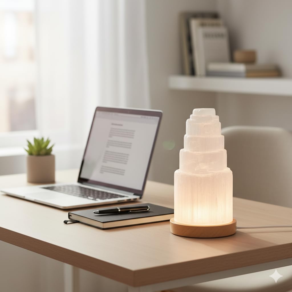 SALT 84 Selenite Crystal Lamp 20cm with Wooden Base, USB Powered Natural White Selenite Stone Night Light for Bedroom, Living Room & Home Decor