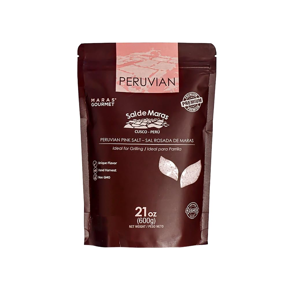 MARAS GOURMET Peruvian Pink Salt - Coarse Grain, Organic Mineral Salt Hand-Harvested from Maras Salt Mines | Gourmet Coarse Salt for Grinder & Grill 21 oz. (600g) Pouch.