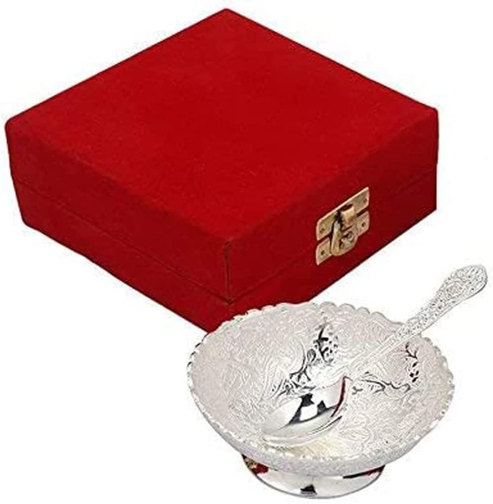 FIKIMOS Aluminium -Silver Plated Small Bowl Set with Spoon Size - 3.5 Inch Diameter Bowl, capacity -100 ml /3.38 OZ -30 Grams bowl weight