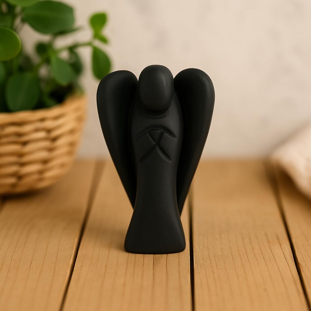 ANAYA AGATE Shungite Angel Statue 2" Certified Gemstone Guardian Angel Natural Crystal Angel Hand-Carved Angel Charms for Protection, Stress Reduction, Positive Energy Crystal Figurines Décor