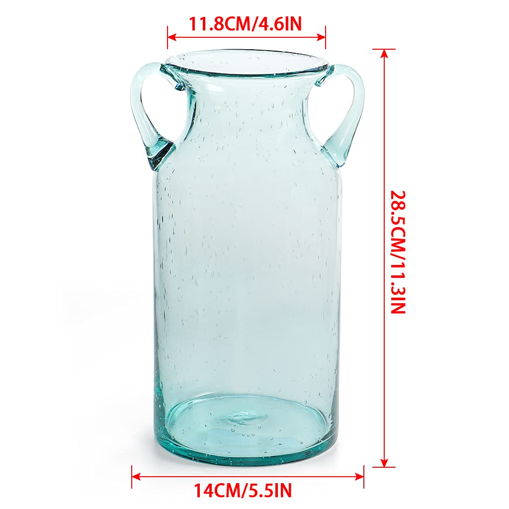 MDLUU Decorative Glass Vase 11" Tall, Bubble Air Flower Vase with Handles, Handblown Jug Vase for Dining Room, Bedroom, Bathroom, Mantel