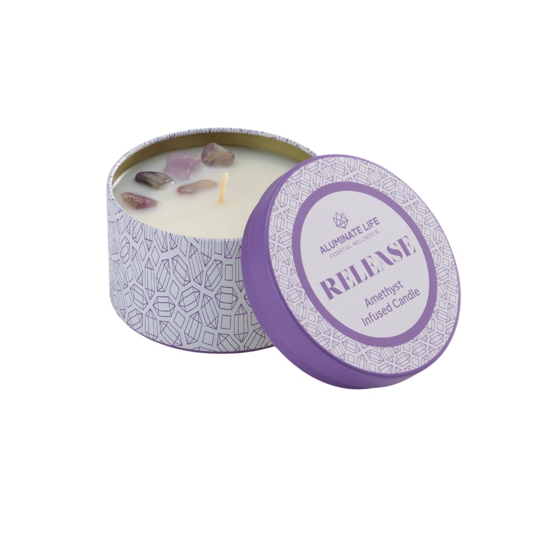 ALUMINATE LIFE – Release Crystal-Infused Scented Candle with Healing Amethyst & Lavender Essential Oils, Hand-Poured Premium Coconut Wax, Luxury Gift, 6 oz