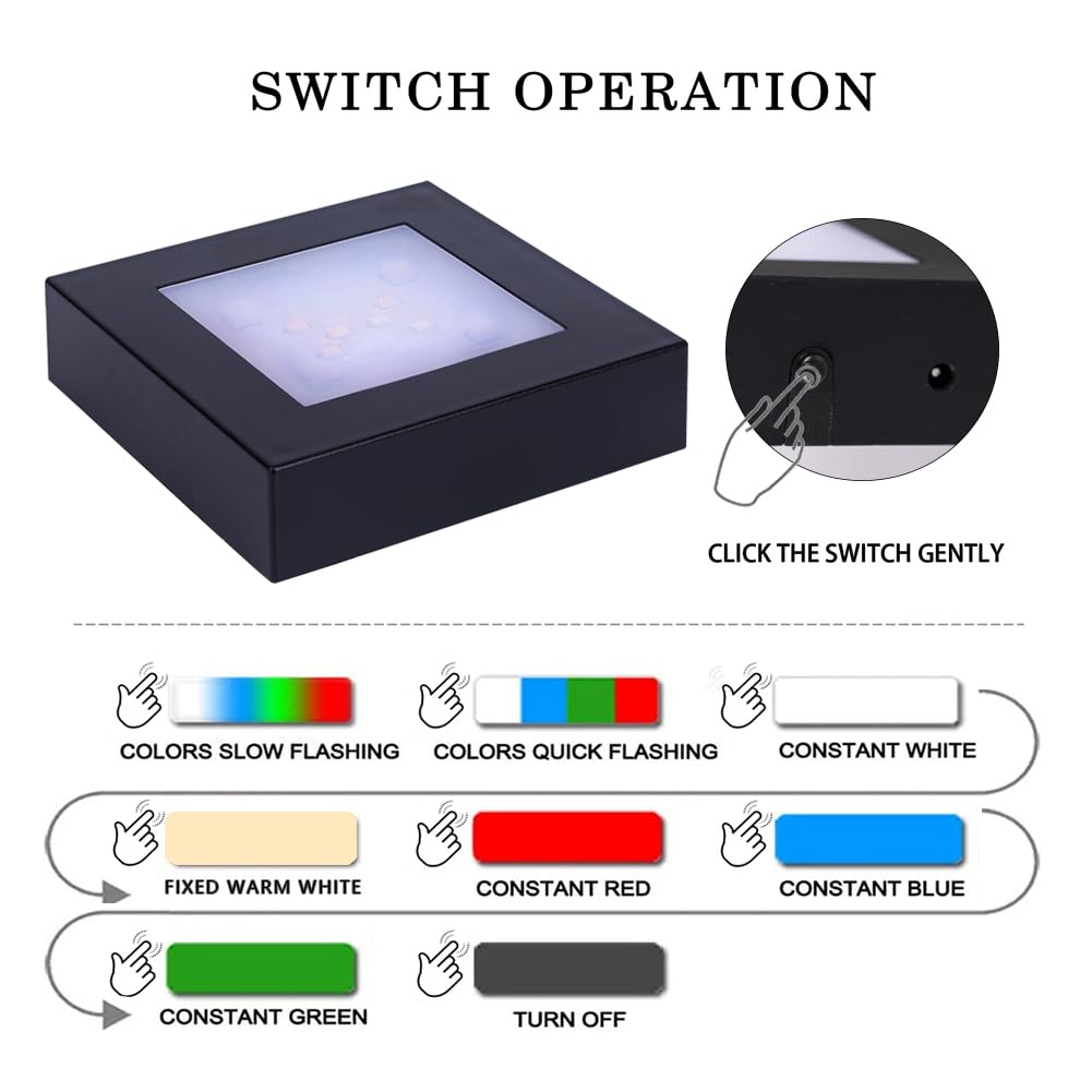 PHOSOK LED Multimodal Multicolor Light Stand Base - Black Square Display Base for 3D Crystal Glass Art - USB/Battery Powered Crystal Stand