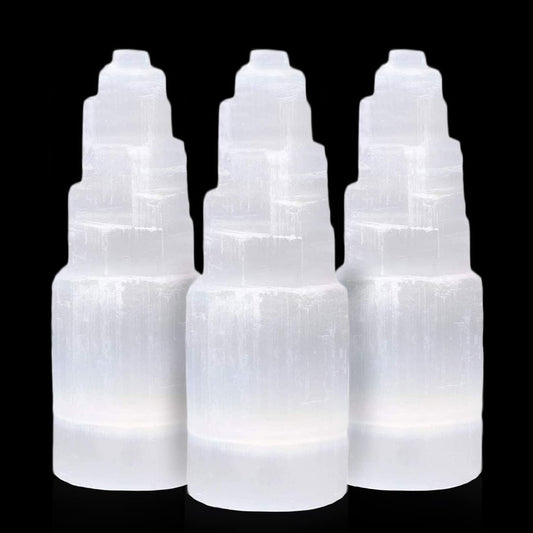 Himalayan Glow WBM Selenite Tower Skyscraper 10cm, Natural Home Decoration & Meditation Crystal Selenite Stone -3 PCS Selenite Lamp, (Pack of 3), White