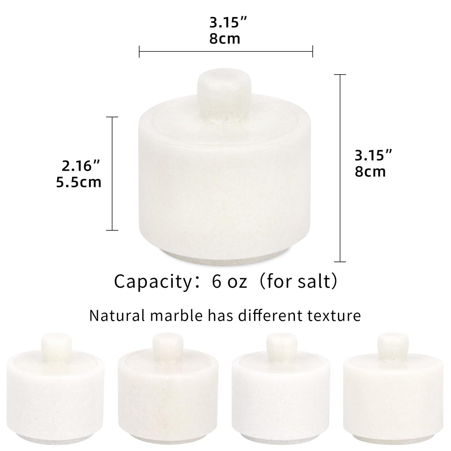 HESHIBI Marble Salt Cellar with Lid, Stone Salt or Pepper Bowl Box Container Jar Holder Well Keeper Dish Pig Crock (Solid White)
