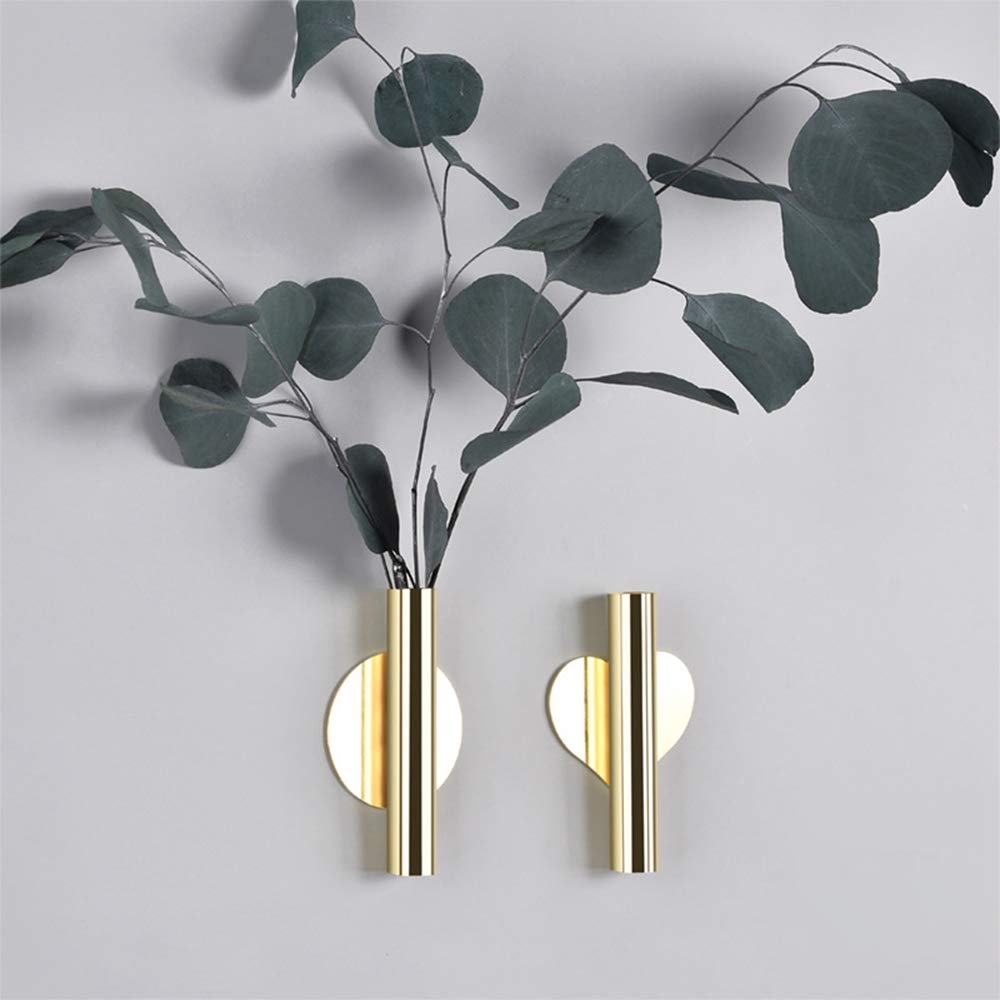 2 pcs Wall Flower Vase Tube Metal Flower Vase, Wall-Mounted Flower Tube for Flower Display,Modern Dried Flower Holder Wall Decoration for Porch Home Office Included Adhesive Material (Gold-Love)
