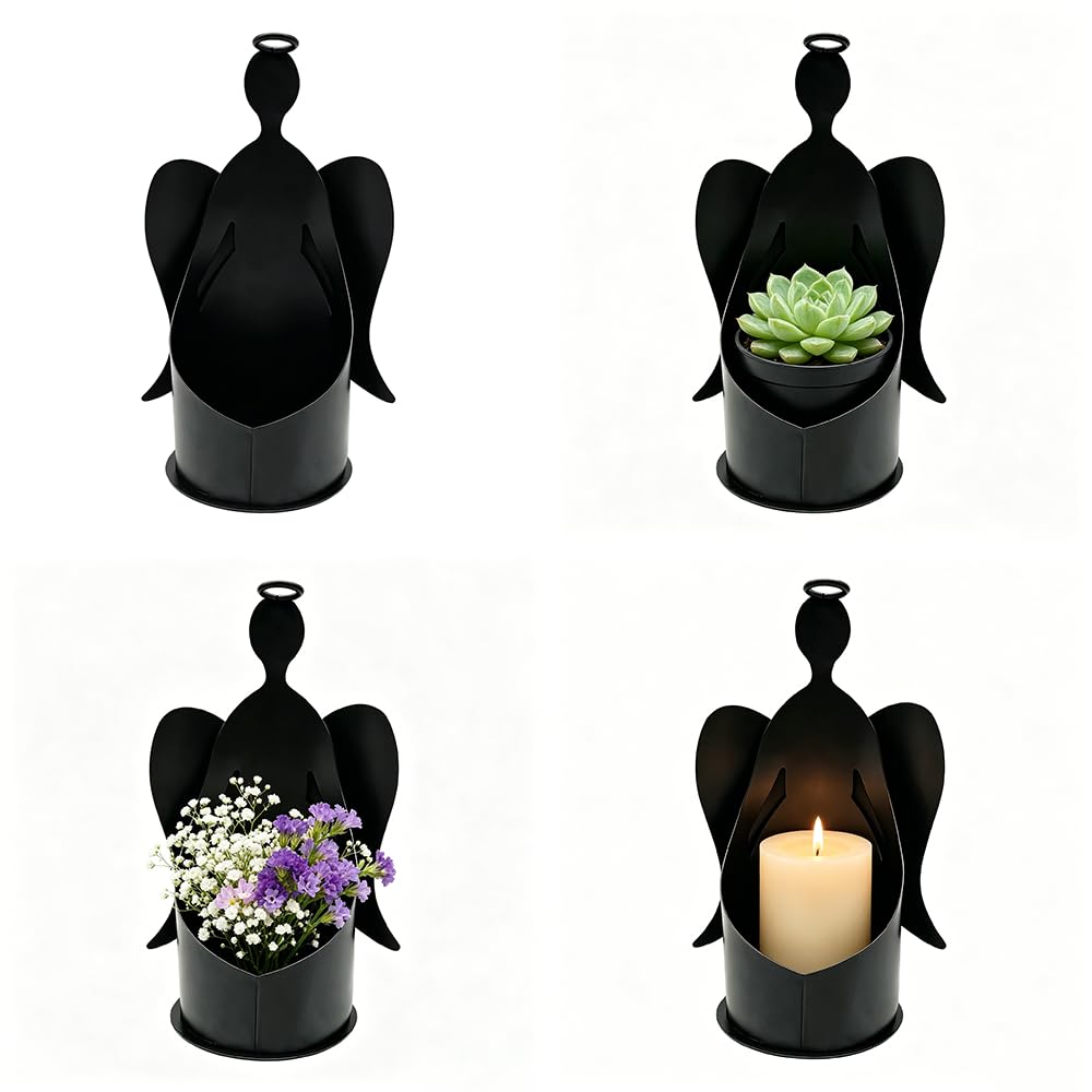 Angel Candle Holder，Black Metal Angel Decor for Pillar Candles/Succulent Planter, Indoor/Outdoor Christmas & Home Decor, Perfect for Garden, Living Room, and as a Thoughtful Gift (Black Metal)